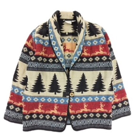 VINTAGE 90s Southwestern Woven Tapestry Cardigan Boho Knit Sweater Jacket Aztec - Picture 1 of 10